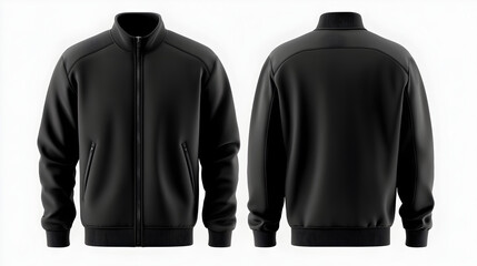 Front and back views of a black fitted track jacket, front zip, subtle side stripe panels, smooth minimalistic back, lightweight polyester fabric, flat on white background, wide clean aerial sporty