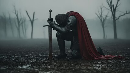 Knight kneeling in prayer with sword.