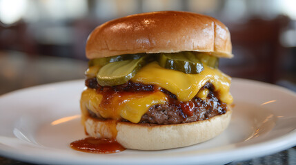 Thick Juicy Quarter Pound Beef Patty with Cheese and Pickles on a Soft Bun Served on a Plate