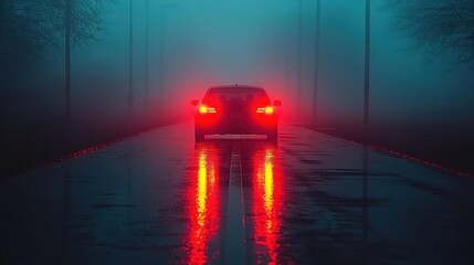 Foggy night road with car