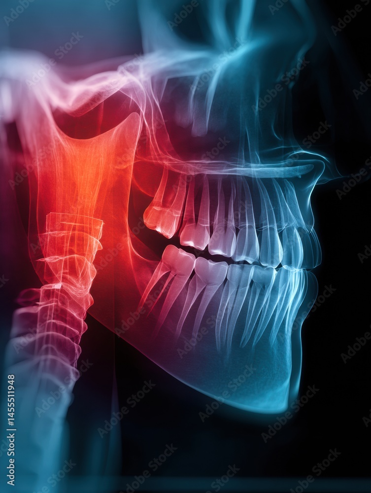 Poster human jaw x-ray displaying glowing titanium implant clearly positioned in the dental structure with 
