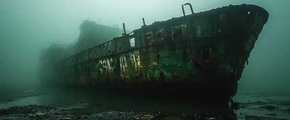 Fototapete Rund Rusty ship wreck shrouded in fog © SAQUEEN