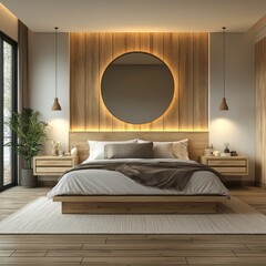 Modern bedroom interior design with wooden accents.