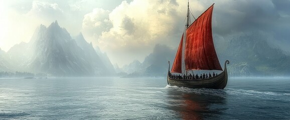 Viking ship sails on misty fjord