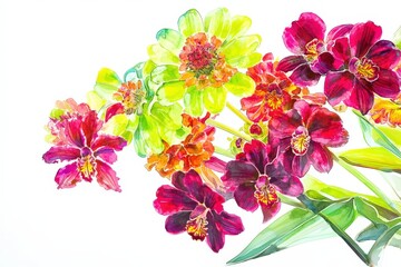 Vibrant floral display of orchids and zinnias in watercolor.