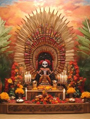 Obraz premium Day of the Dead Altar with Skull Figure and Flowers in Vibrant Colors for Celebration