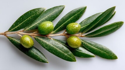 Fresh Green Olives on a Branch with Vibrant Leaves Ideal for Culinary and Botanical Themes