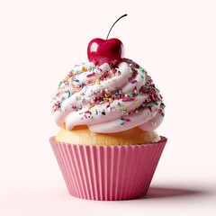 Delightful Pink Cupcake Topped with a Luscious Cherry and Colorful Sprinkles, a Sweet Treat