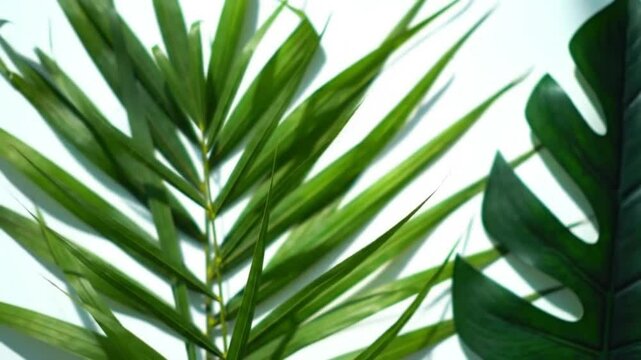Flat lay composition of different tropical leaves such as monstera, areca palm, and banana leaf, vibrant and fresh aesthetic