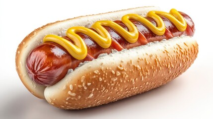 Delicious Hot Dog with Mustard Topping on Sesame Seed Bun Perfect for Food Photography and Men