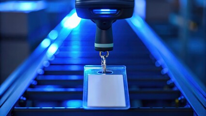 A close-up of a scanner picking up an ID tag on a conveyor belt, illuminated by blue lights, suggesting a high-tech processing environment.