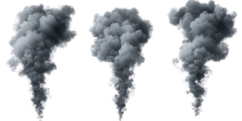 Three smoke pillar float ominously with thick plume rising into transparency background