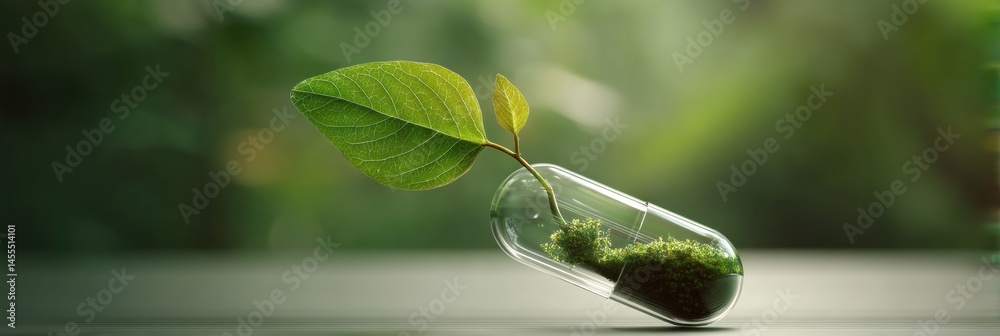 Aufkleber medicine leaf grows from capsule in surreal concept of healing and wellness reflecting natures power
