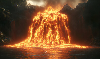 Fototapeta premium Fiery lava waterfall cascading into a dark pool, creating a dramatic and surreal landscape.