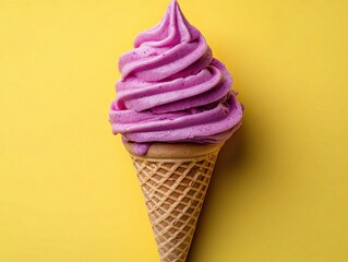 Pink ice cream cone on yellow background, a summer treat. Perfect for articles about sweets, desserts, food, or summer.