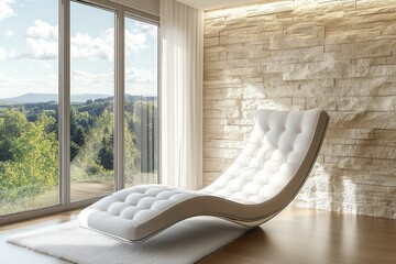 Modern chaise lounge in a sunlit room with a scenic view.