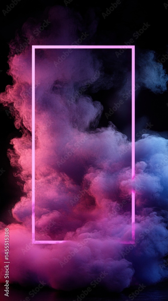 Wall mural neon frame in colorful smoke on black background creates a modern abstract design element for digita