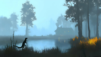 Serene misty morning landscape featuring a lone lizard near a tranquil lake, with a cabin nestled amidst the fog-covered forest.