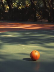 Solitary Basketball on a Quiet Court, Sunlight and Shadows Play Across the Surface, A Moment of Peace