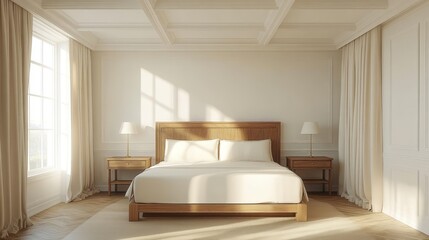 Sunlight streams into a tranquil, modern bedroom.