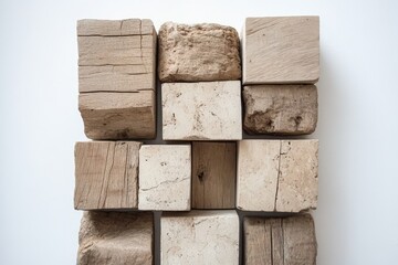 Fototapeta premium Organized, textured wooden and stone blocks arranged in a grid pattern Natural materials arranged in a precise composition