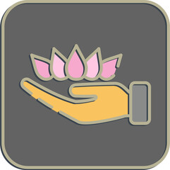 Icon lotus on hand. Buddhism and vesak elements. Icon in embossed style.