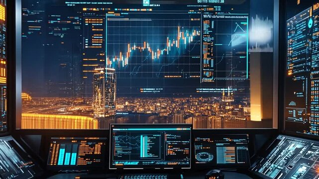 Immersive financial data analysis center displaying stock market trends and futuristic technology interface - Powered by Adobe