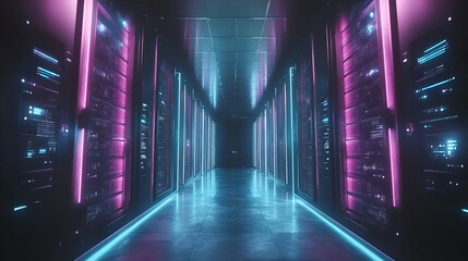 Obraz premium Neon-lit server room corridor; futuristic data center interior; vibrant purple and blue lights illuminate rows of powerful servers.