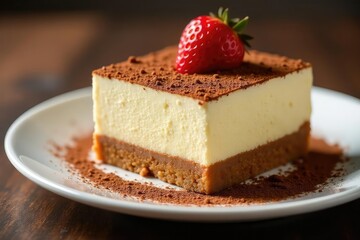 Individual portion of tiramisu, dusted with cocoa powder , decadent, delicious