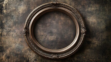 An ornate circular picture frame stands against a textured background