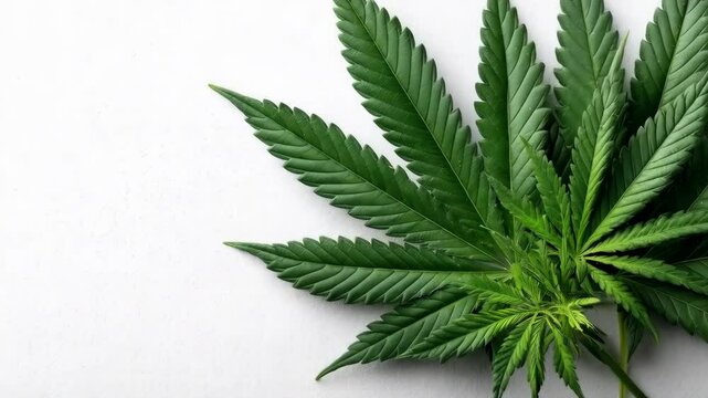 Marijuana plant leaf lying on a white background, showcasing detailed textures and vivid green hues, perfect for medical and agricultural concepts.