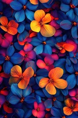 Vivid Floral Tapestry: A Dense Composition of Blue Orange and Pink Flowers in Full Bloom