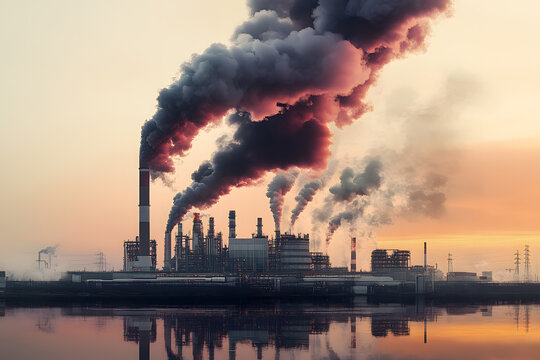 Factory with smokestaks pumping smoke pollution emissions into air lack of environmental concern environment at sunset	