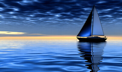 Naklejka premium Serene sailboat at sunset, tranquil ocean scene. Peaceful, picturesque yacht sailing on calm waters under a dramatic sky.