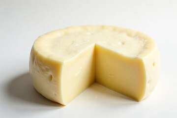 Artisan wheel of creamy white cheese on white background, wheel, colby, block