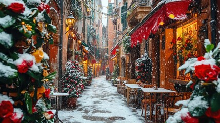 Fototapeta premium Snowy Christmas alley in Italy