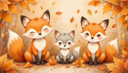 Fototapeta premium Adorable Cartoon Foxes in Autumnal Scene Perfect for Childrens Illustrations and Seasonal Designs