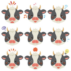 ウシのイラストセット　顔表情のみ