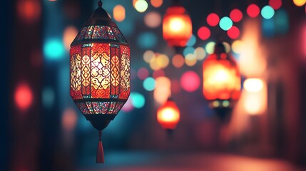 Ornate lanterns illuminate a festive night scene.
