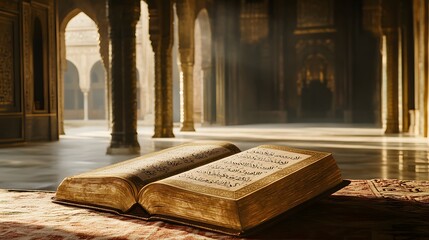 Golden book resting on a rug inside an ancient structure.