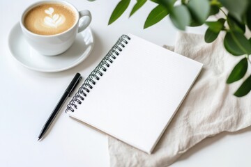 Blank Notebook with Latte Coffee and Greenery a Cozy Workspace Setup for Writers Bloggers and Planners