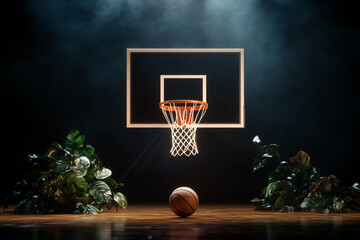 Basketball on the floor. Modern Basketball Arena with Rings with Spotlights, Creative Idea. Tournament and Win. Basketball game with full hall of fans on background. Basketball Championship	
