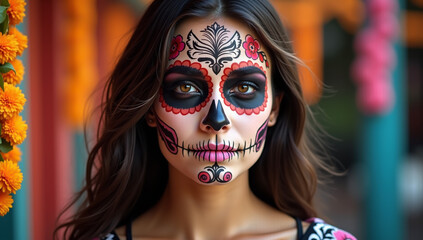 D&iacute;a de los Muertos Portrait of Mexican Woman with Face Paint - Generative AI