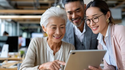 A woman, a man and a young woman are looking at a tablet