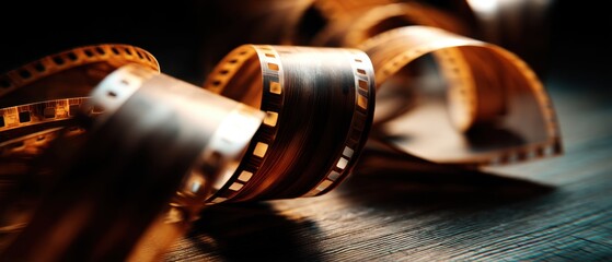 Film Strip Close Up on Wooden Surface with Dramatic Lighting and Shallow Depth of Field