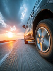 Black car driving fast on the road at sunset with motion blur and dramatic sky background