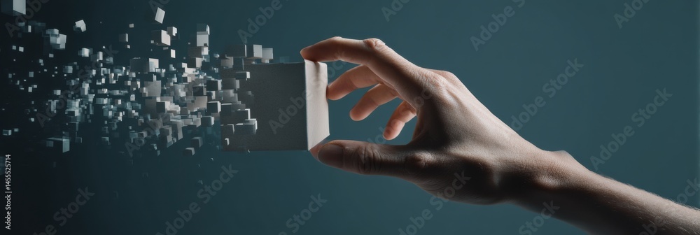 Leinwandbilder digital portal interaction where a hand reaches to grab a floating parcel made of cubes in a modern 
