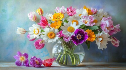 Obraz premium A vibrant spring flower arrangement with daisies, tulips, and peonies in a glass vase, styled on a light wooden table