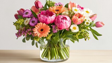 Obraz premium A vibrant spring flower arrangement with daisies, tulips, and peonies in a glass vase, styled on a light wooden table
