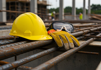 Yellow construction helmet, gloves, and safety goggles placed on steel beams at a construction site, symbolizing worker safety,preparation, architecture, heavy duty